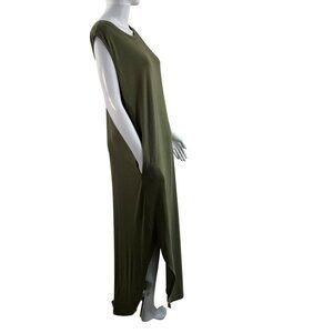 Olive Green Womens Large T Shirt Jersey Maxi Sun Dress Sleeveless Pockets Beachy